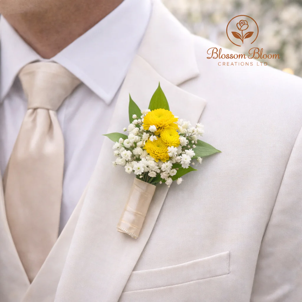 Elegant Champagne Wedding Buttonhole (Groom’s Boutonnière) - Image 3