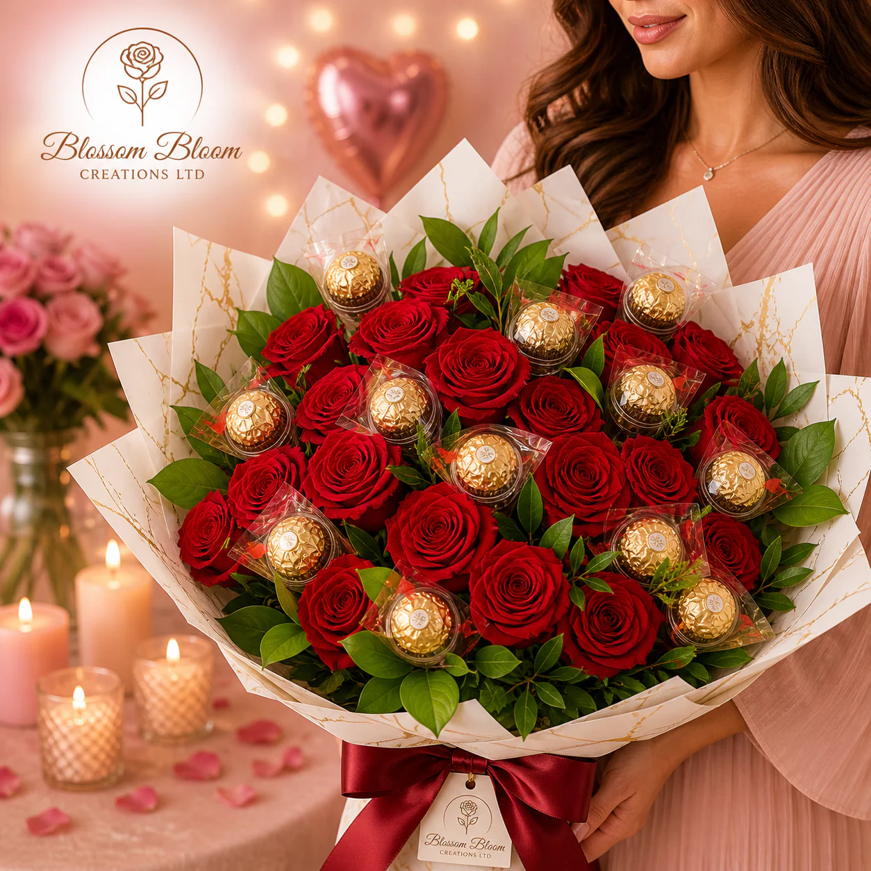 Golden Blush Rose & Chocolate Bouquet - Image 3