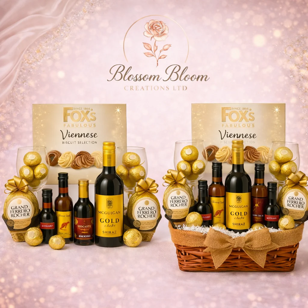 Golden Deluxe Indulgence Hamper – Wine, Biscuits & Premium Ferrero Collection - Image 3