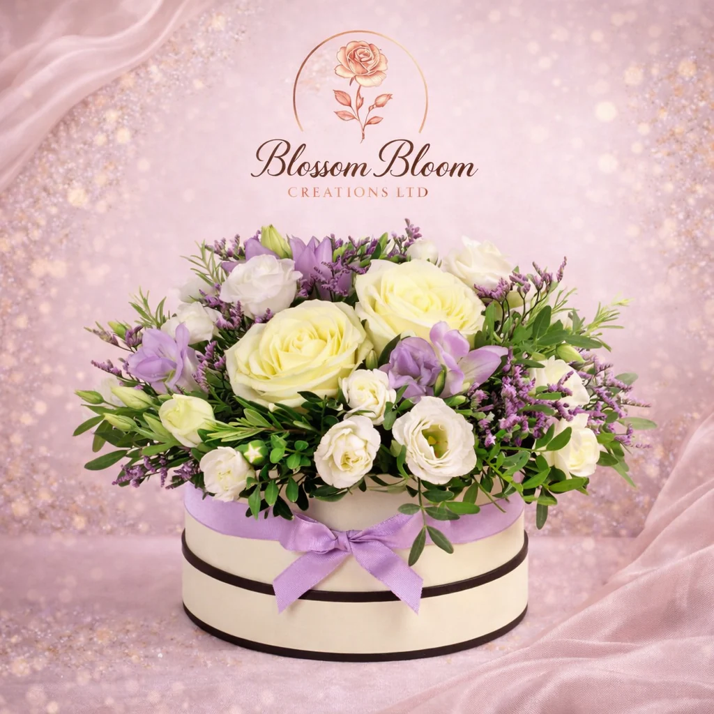 Lavender Elegance Hatbox Flower Arrangement - Image 3