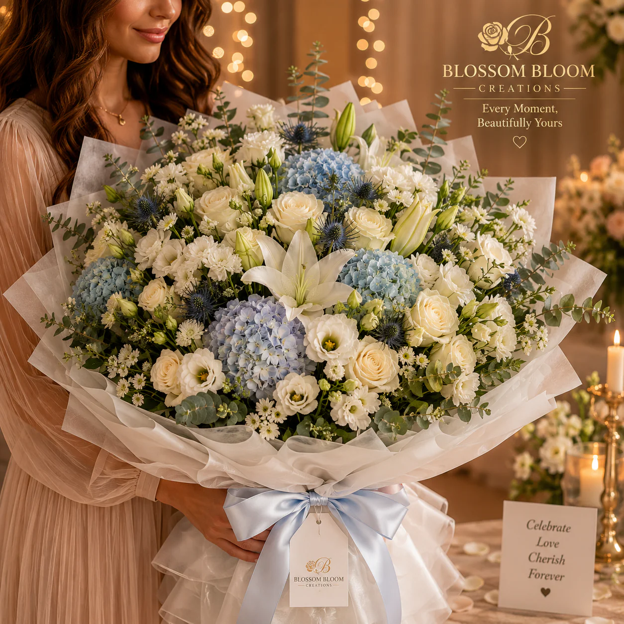 Luxury Blue & White Harmony Hand-Tied Bouquet | Premium Fresh Flower Gift - Image 2