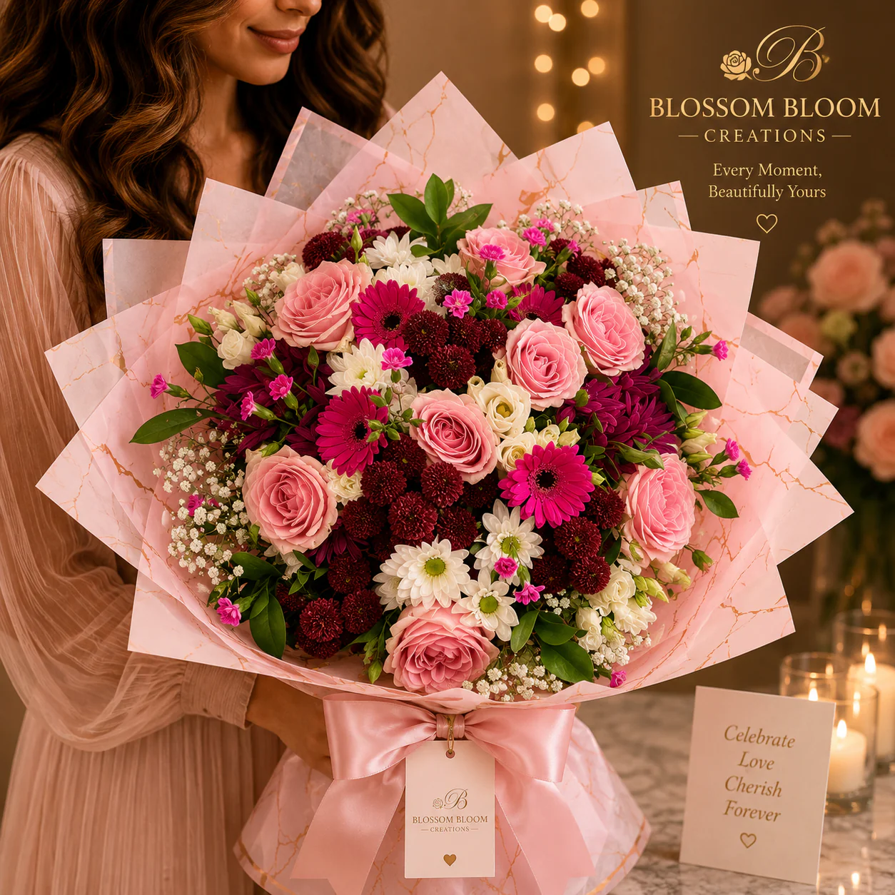 Luxury Blush Pink Rose & Burgundy Bouquet | Blossom Bloom Creations - Image 2