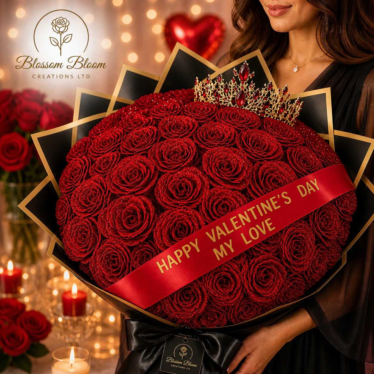 Luxury Glitter Rose Crown Bouquet (Artificial Everlasting Edition)-Blue, Red & Pink - Image 2