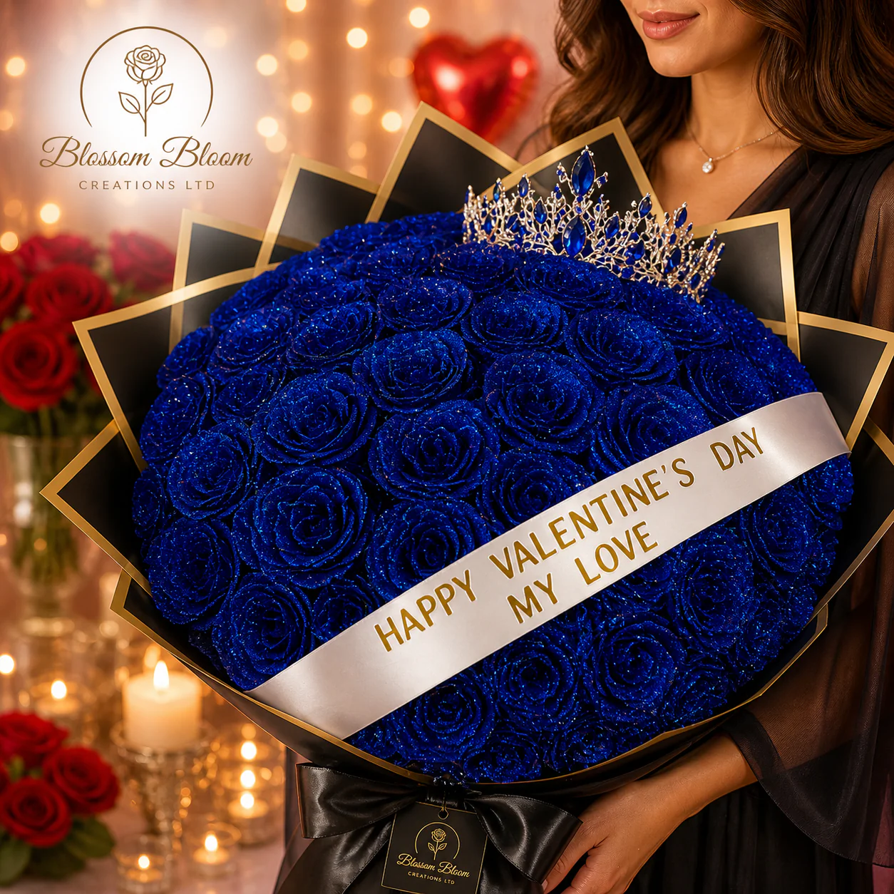Luxury Glitter Rose Crown Bouquet (Artificial Everlasting Edition)-Blue, Red & Pink - Image 3