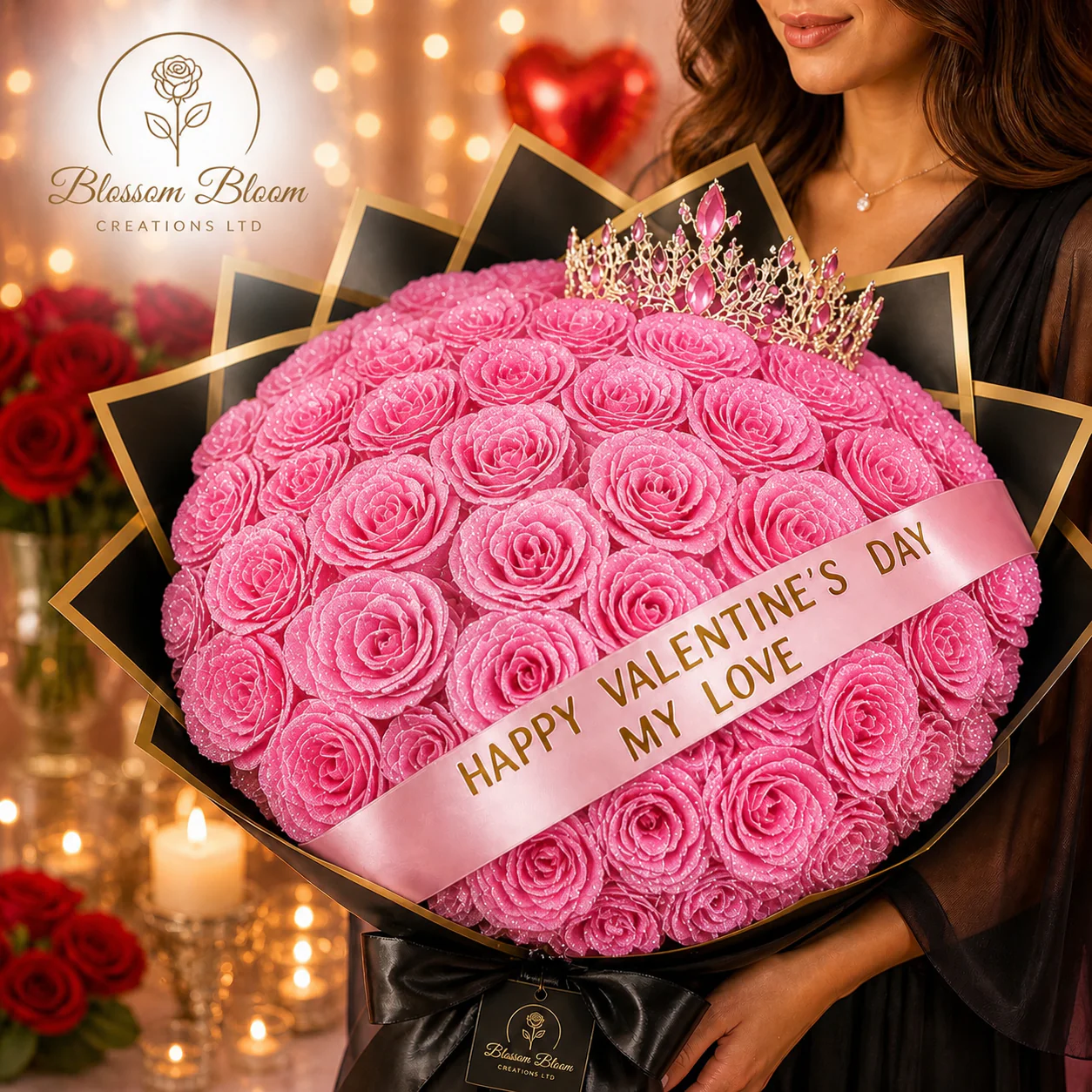 Luxury Glitter Rose Crown Bouquet (Artificial Everlasting Edition)-Blue, Red & Pink - Image 4