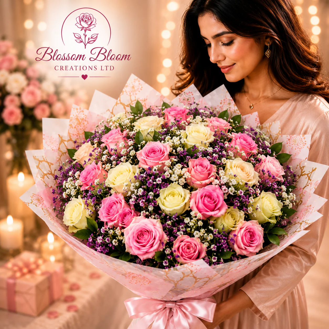 Mixed Blush Elegance Rose Bouquet - Image 2