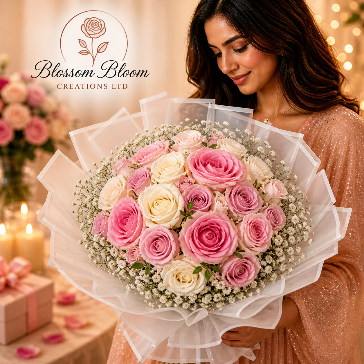 Pink Blush & Ivory Luxury Rose Bouquet (Wrapped Gift Style) - Image 3