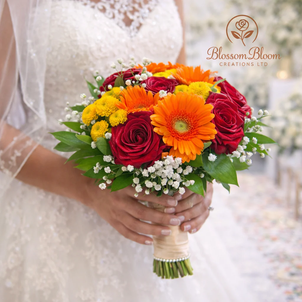Vibrant Indian Bridal Bouquet – Red, Orange & Gold Wedding Flowers - Image 3
