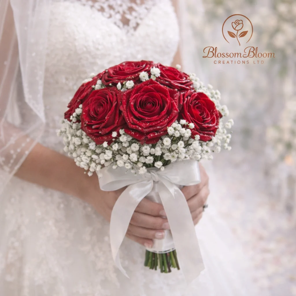 Luxury Red Roses & Gypsophila Bridal Bouquet - Image 3